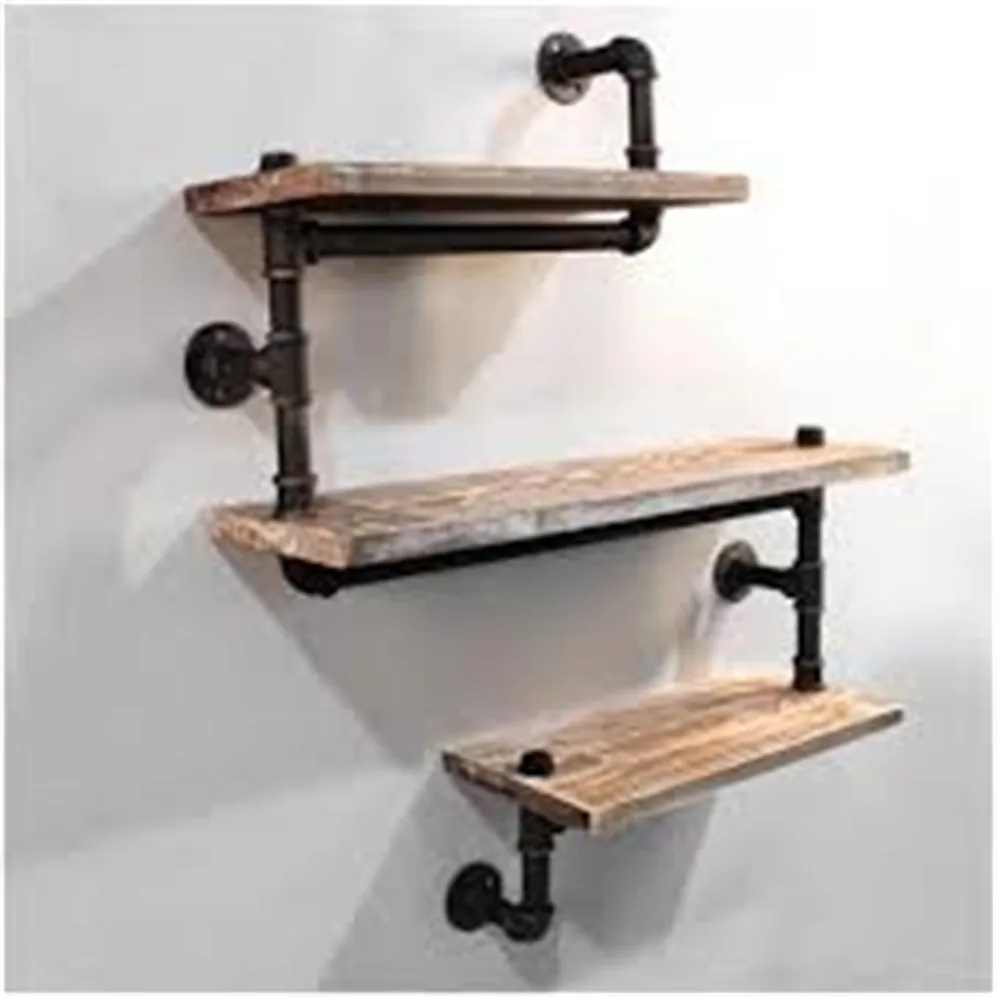 Huge Industrial iron pipe used for Rustic Urban Pipe Wall 3 Tiers Wooden Shelves