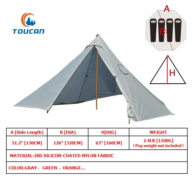 Outdoor 20D Ripstop Nylon Single Layer 4 Persons Stove Chimney Pyramid Ultralight Camping Tent