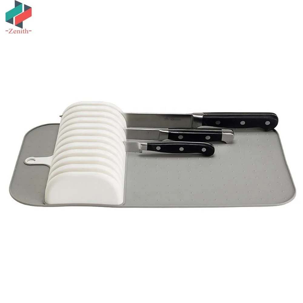 ZNF00080 Plastic Grey Kitchen Drawer Knives Organizer Mat Holds up to 11 knifes In-Drawer Knife Holder with Soft Grip Slot