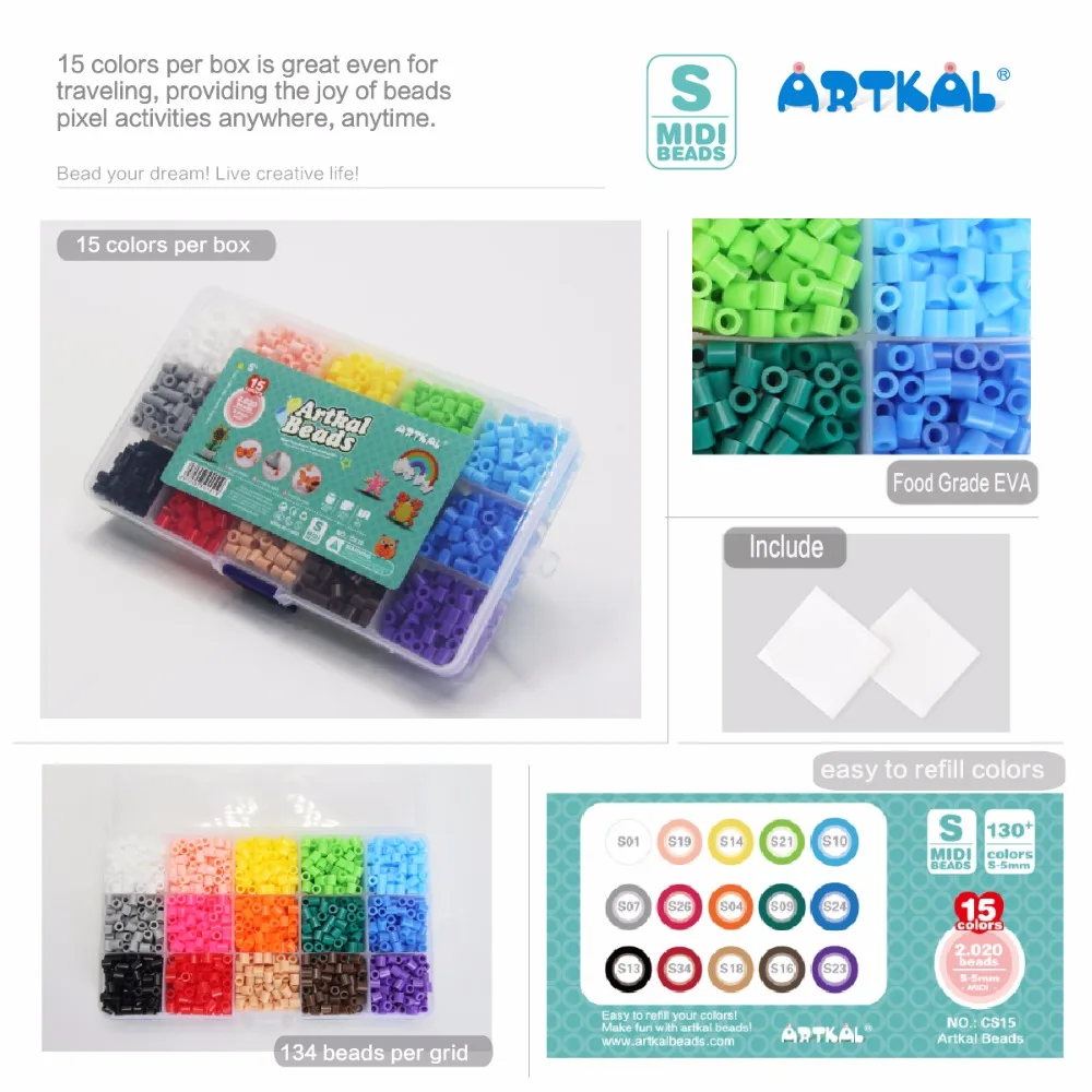 Artkal 15 Colors Iron Beads DIY Toys 5mm Midi Fuse Perler Beads