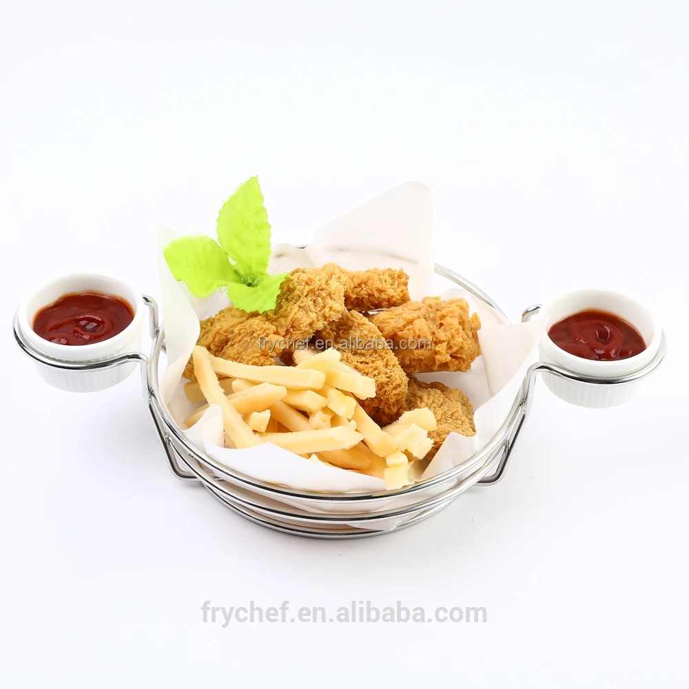 Oval-shaped metal  bread basket wire  chip basket chip server stainless steel fast food serving basket with 2 sauce cup