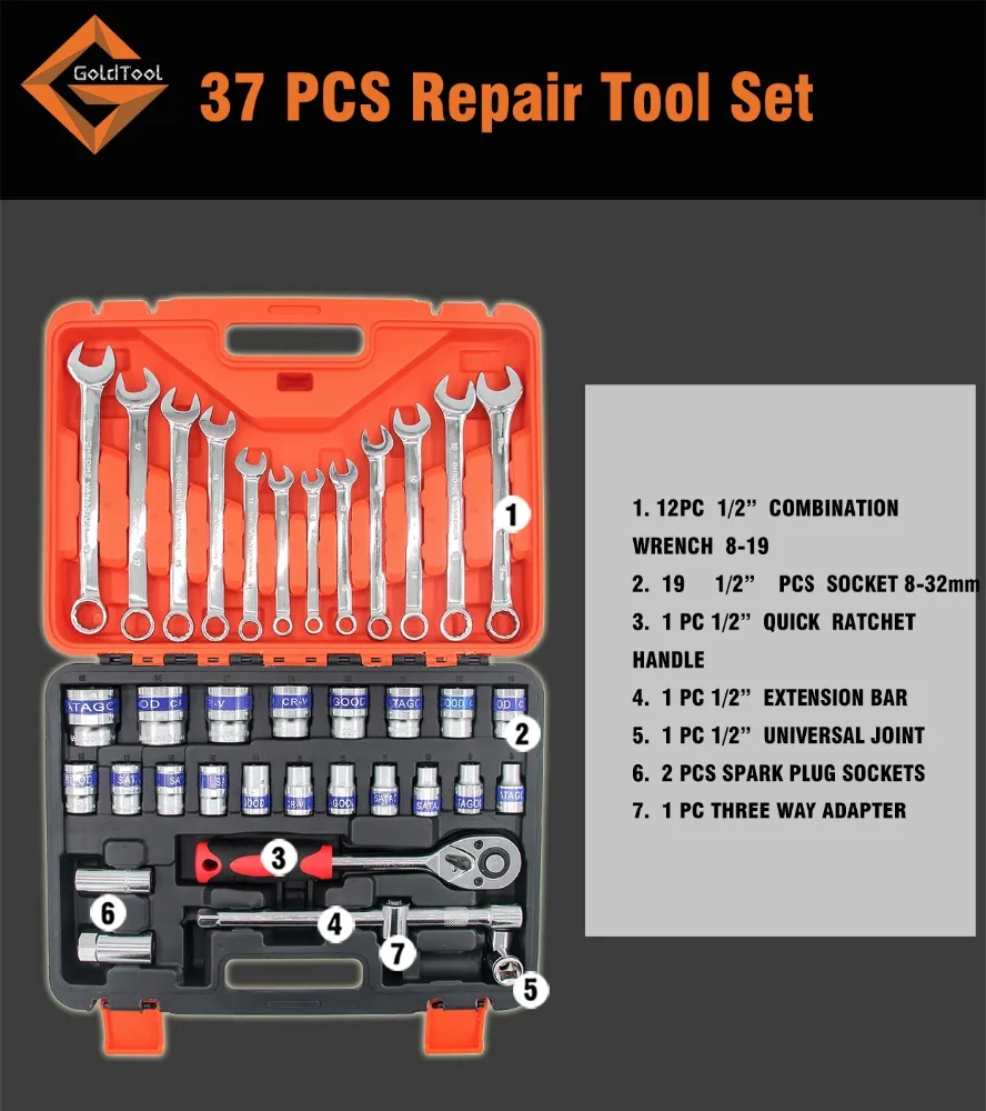 
37PCS Linyi Tool Universal 46 Sets of Auto Repair Tools Head Quick-Release Heavy Duty Ratchet Wrench 