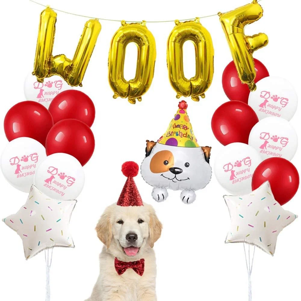 Dog Happy Birthday Party Decorations Supplies Hat and Bow Tie with WOOF Letter Banner Balloons Dog Birthday Outfit Set