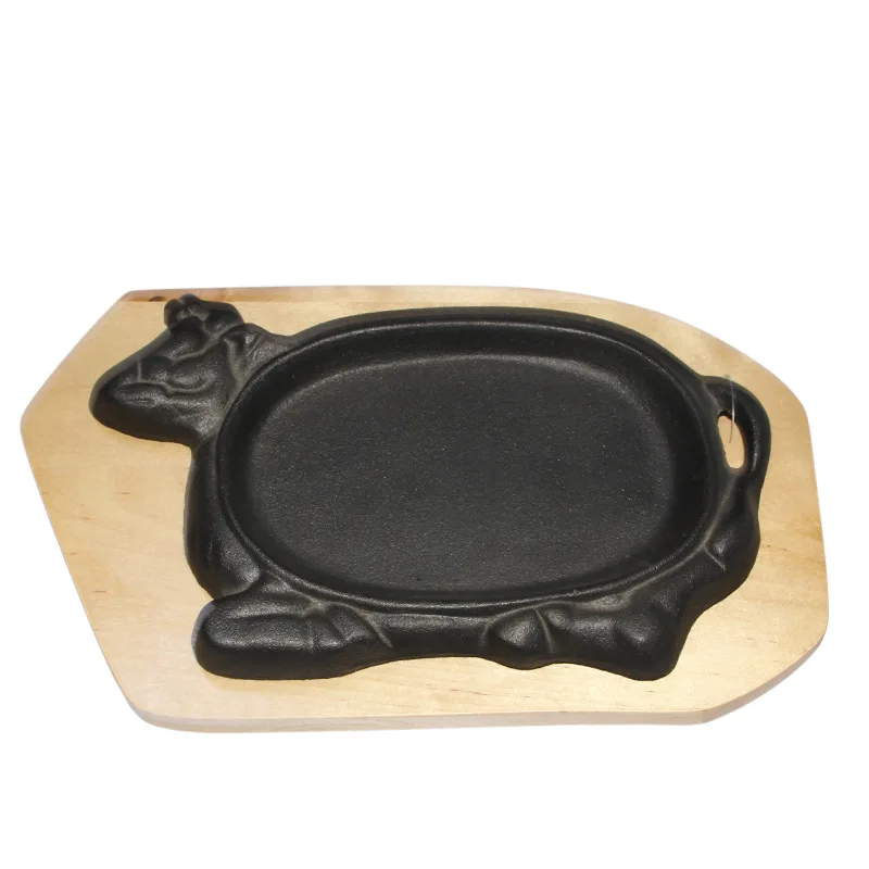 Cast Iron Bull Cow Shaped Sizzling Steak Plate with wooden tray