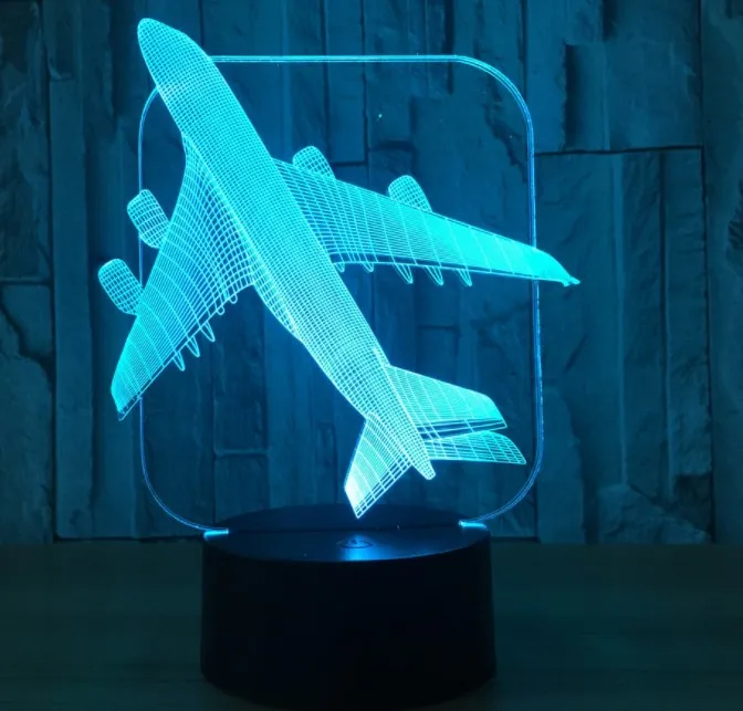Acrylic  Aircraft Shaped 3D illusion LED Night Light Creative Stereoscopic 7 Colors Flashing Touch LED Night Light