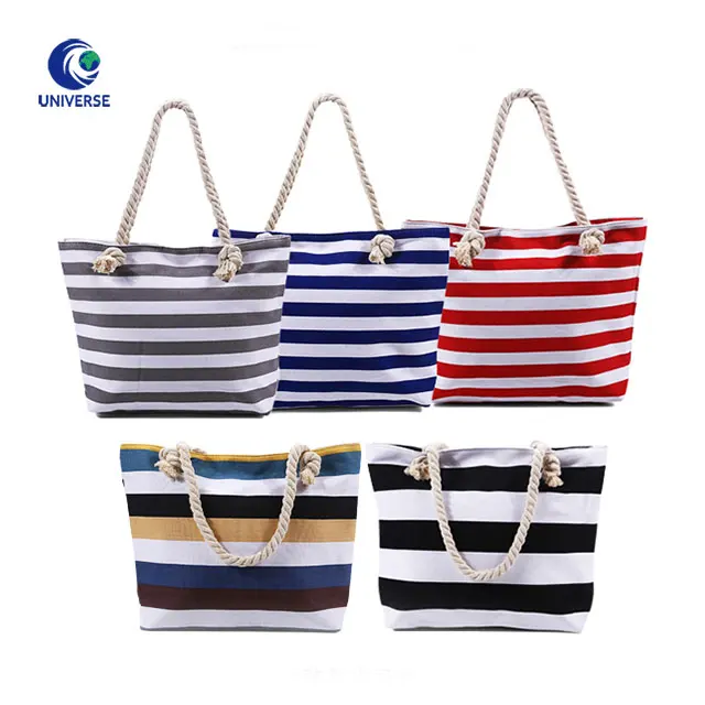 Wholesale Women Thick Striped Fabric Long Strap Big Shoulder Beach Canvas Tote Bag With Rope Handle