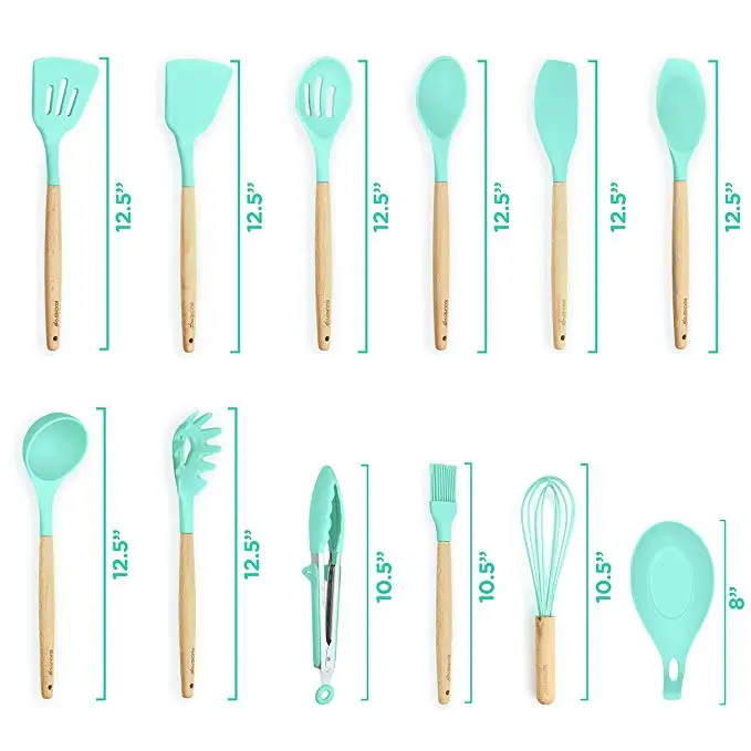 11pcs Silicone Cooking Kitchen Utensils Set, Bamboo Wooden Handles Cooking Tool BPA Free Non Toxic Silicone
