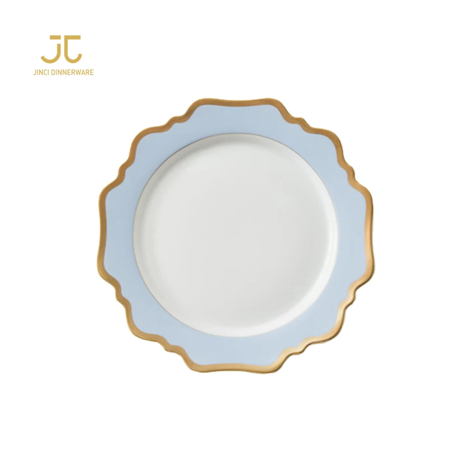 
Blue White Porcelain Gold Rim Customized Print Dinner Sets Plates For Restaurant 