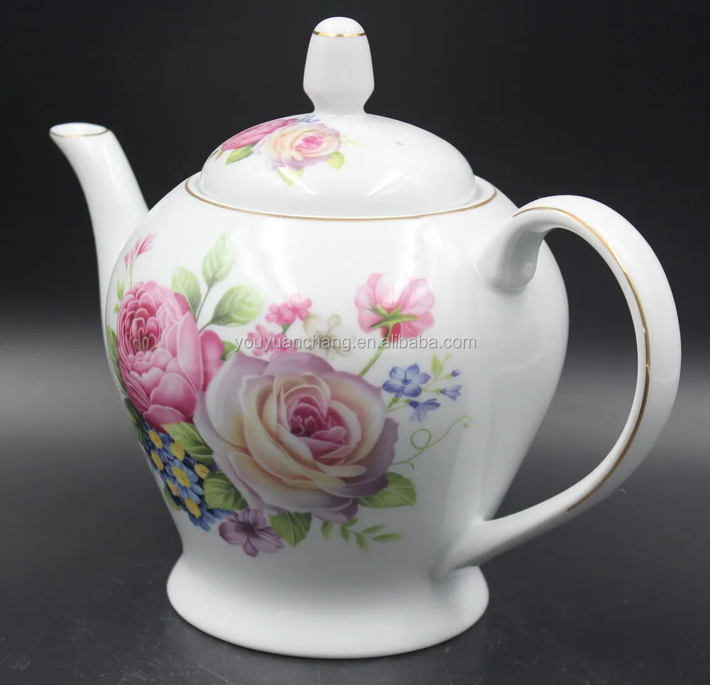 1100cc nice design porcelain teapot with rose decal printing