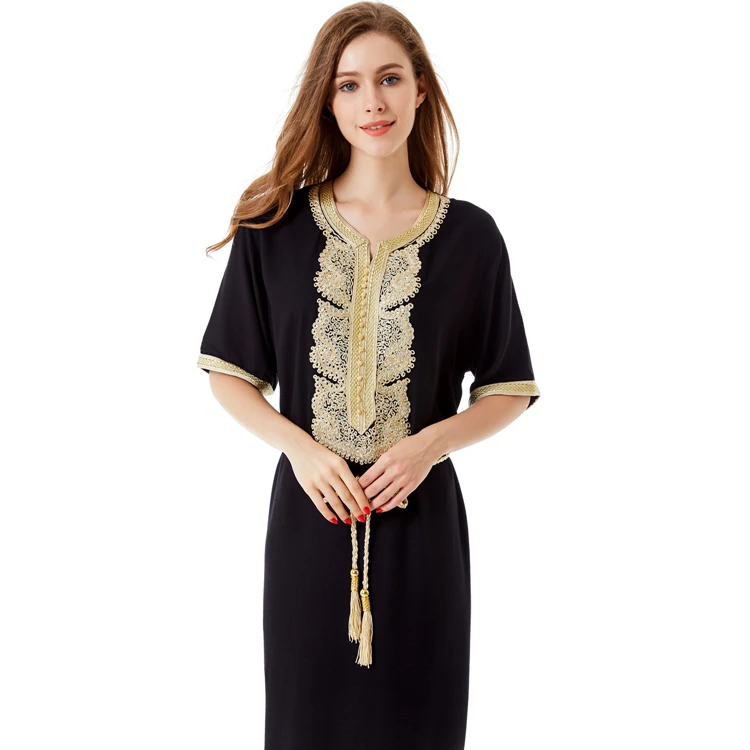 A3320 Women malaysia muslim moroccan embroidery short sleeve caftan abaya jilbab