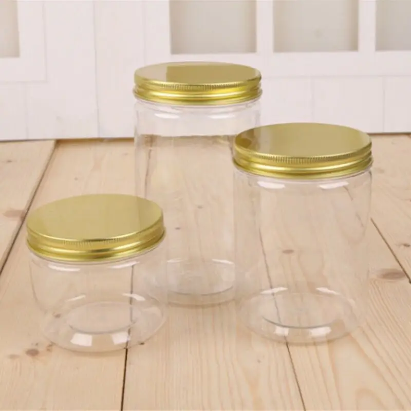 Factory price Eco-friendly food grade PET plastic unique candy food jars with aluminium lid