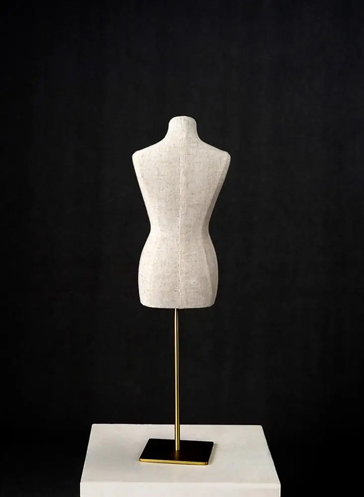 linen fabric cover female mini bust mannequins with gold base
