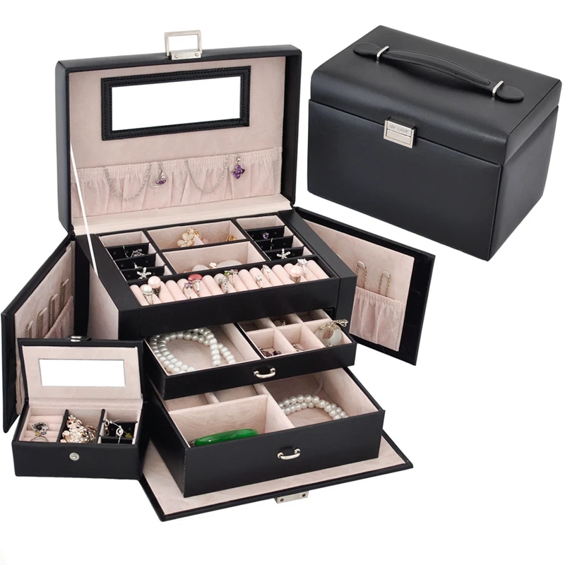 Custom Logo PU Leather Handmade 3 Layers Jewelry Set Box With Lock