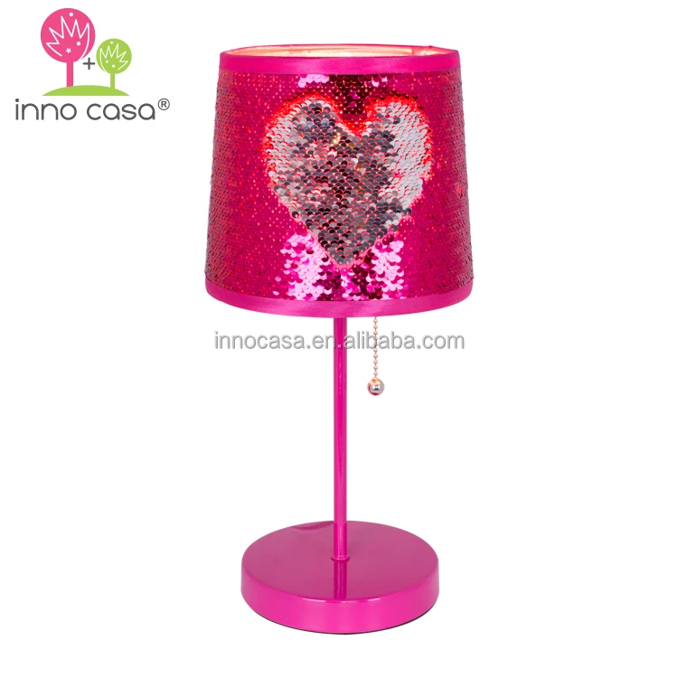 Custom Fashion Bling Bling Reversible Hot Pink Silver Glitter Sequin Shade In-line Switch Kids Bedside Lamp for Table Deco
