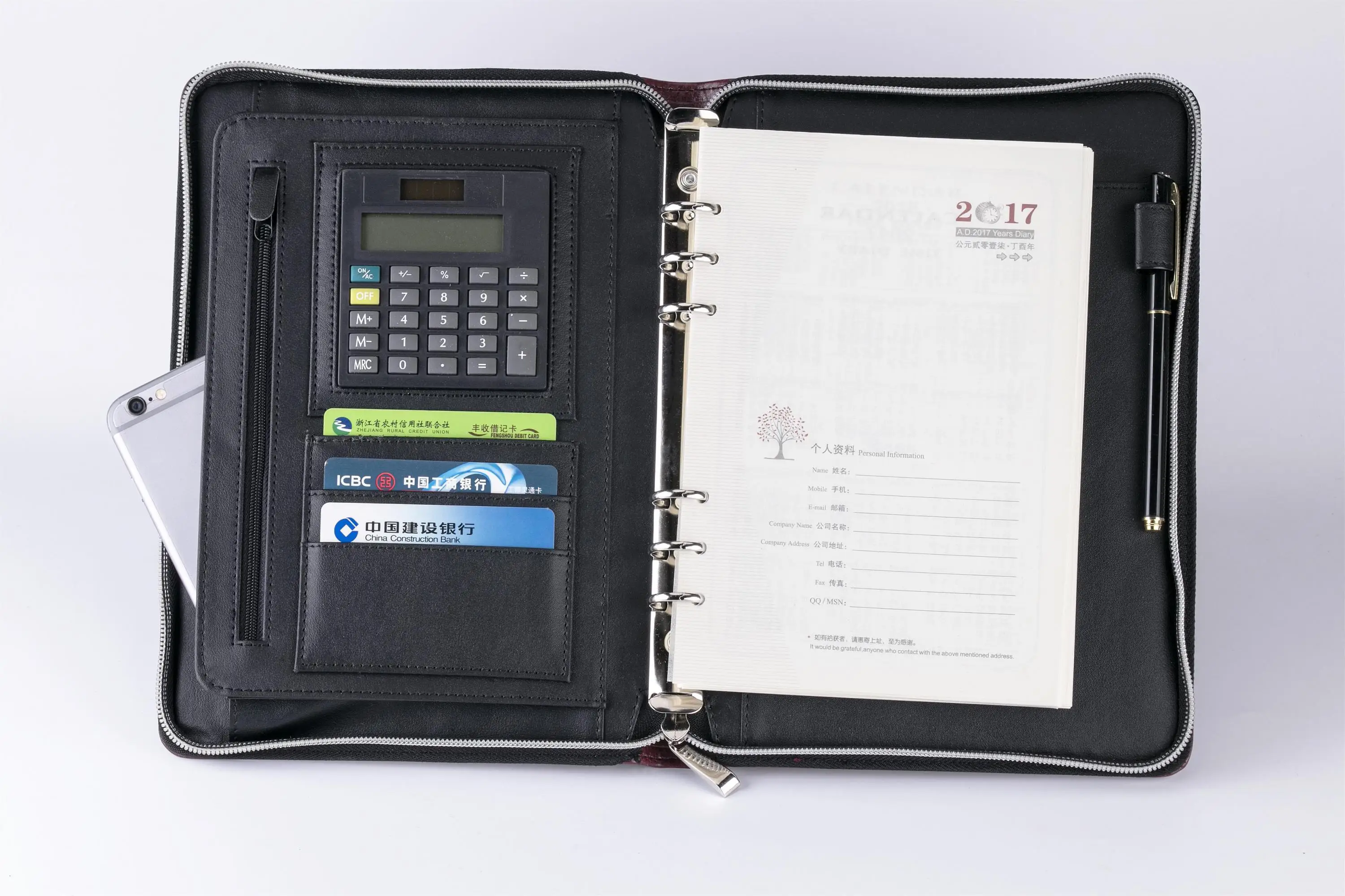 loose leaf zipper notebook pouch custom  a5a6 portable notepad notes calculator faux leather linen journal  diary day planner