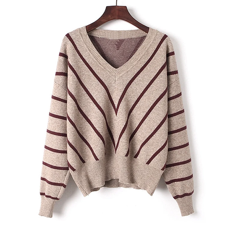 Stock top brand jumper full body stripe sweater woman v-neck and long sleeves