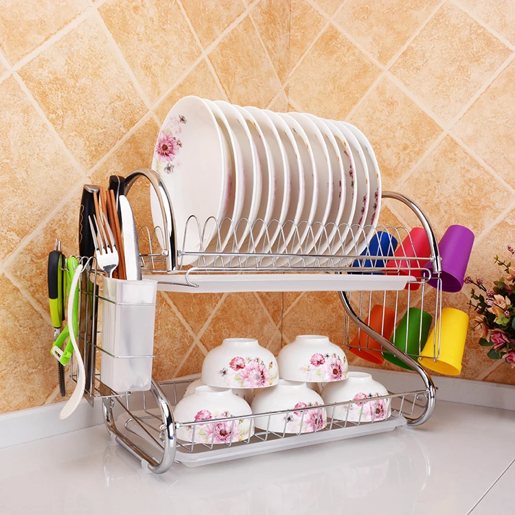 Home Kitchen Storage Rack 2 -Tiers S Type Metal Wire Wesh Drying Dish Rack