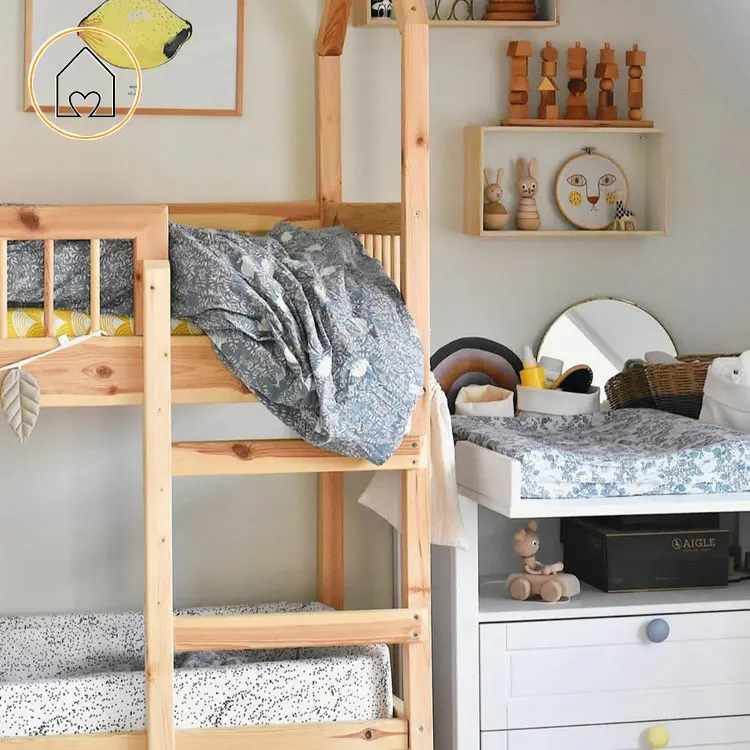 Home decor kids bedroom furniture solid pine wood house shape bunk bed for sale