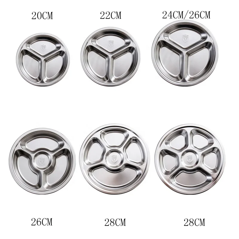 Wholesale 3/4/5/6 compartments round dinner dividers plate 304 stainless steel  lunch plates