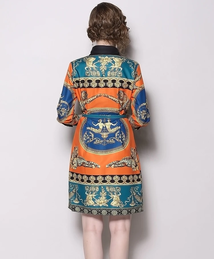 
European and American Women Fashion Brand New Pattern Print Belt Waist Knee Length Shirt Dress Two Colors 