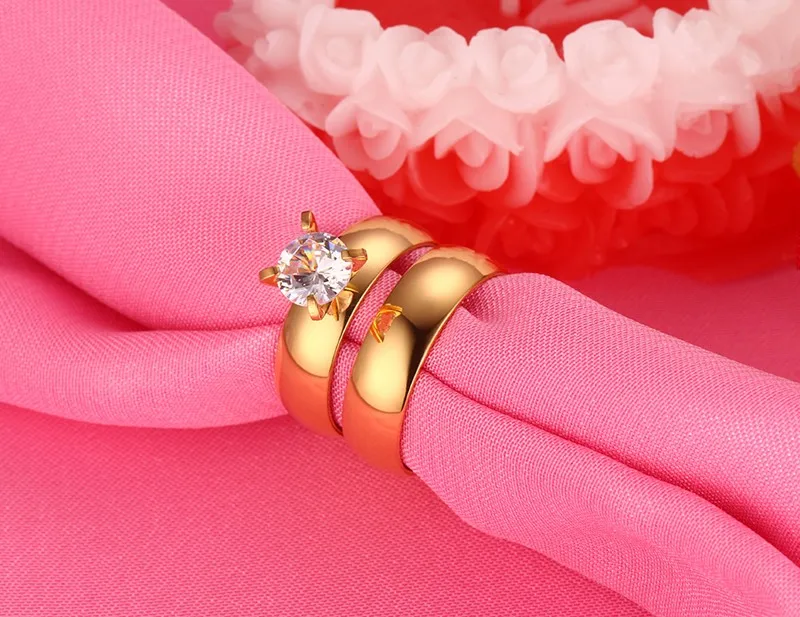 Classical Gold CZ Engagement Stainless Steel Couple Rings Jewelry