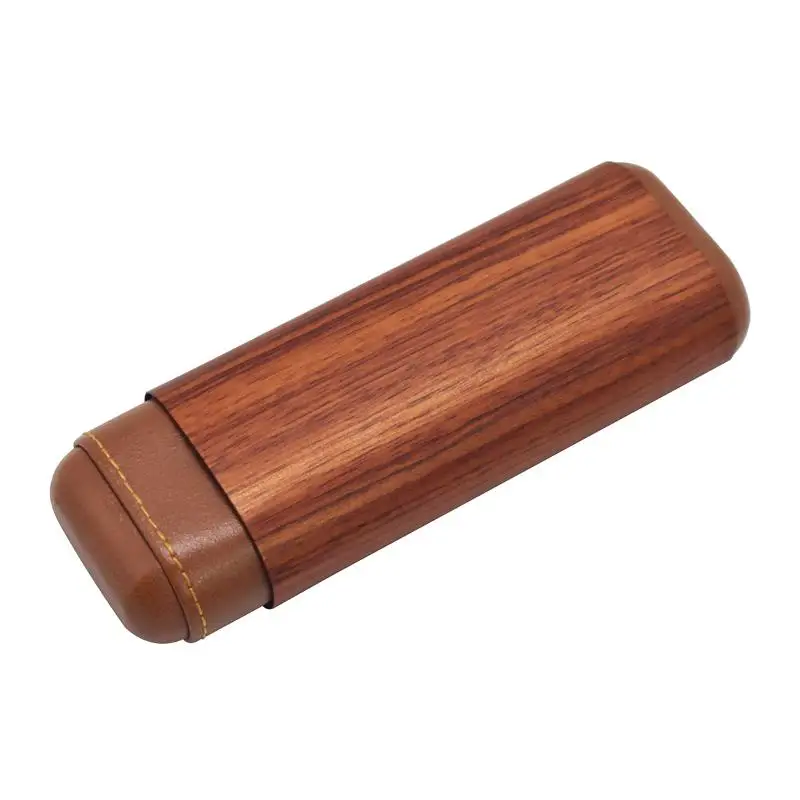 Leather 2 Tubes Cigar Case Portable Ebony Wood Mini Cigars Humidor