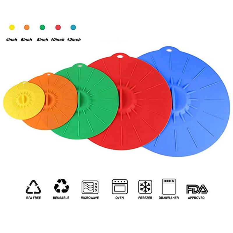 E Spring Set of 5 Silicone Suction Lids Food Covers Fits Various Sizes of Cups Bowls Pans Containers