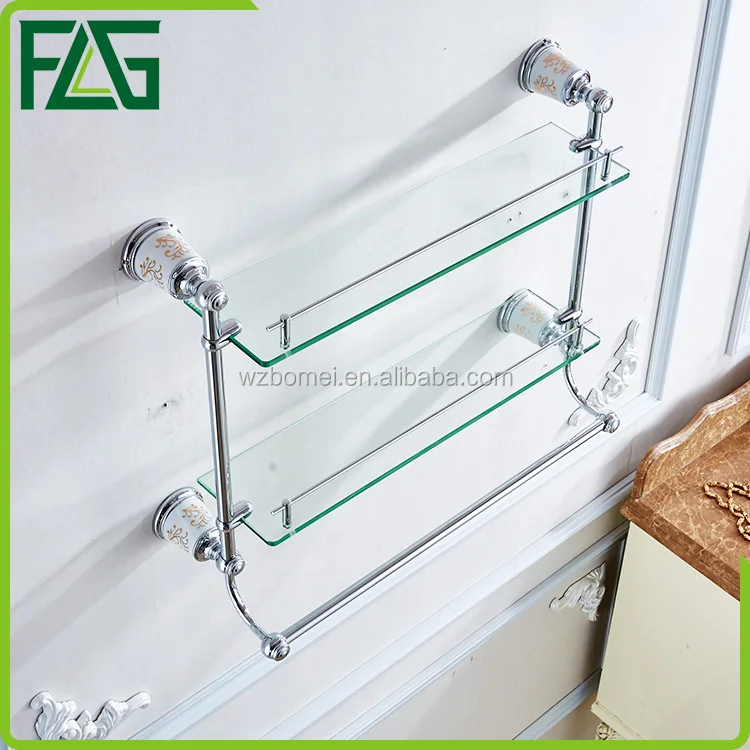 FLG chrome bathroom shower wall mounted towel rack glass shelf