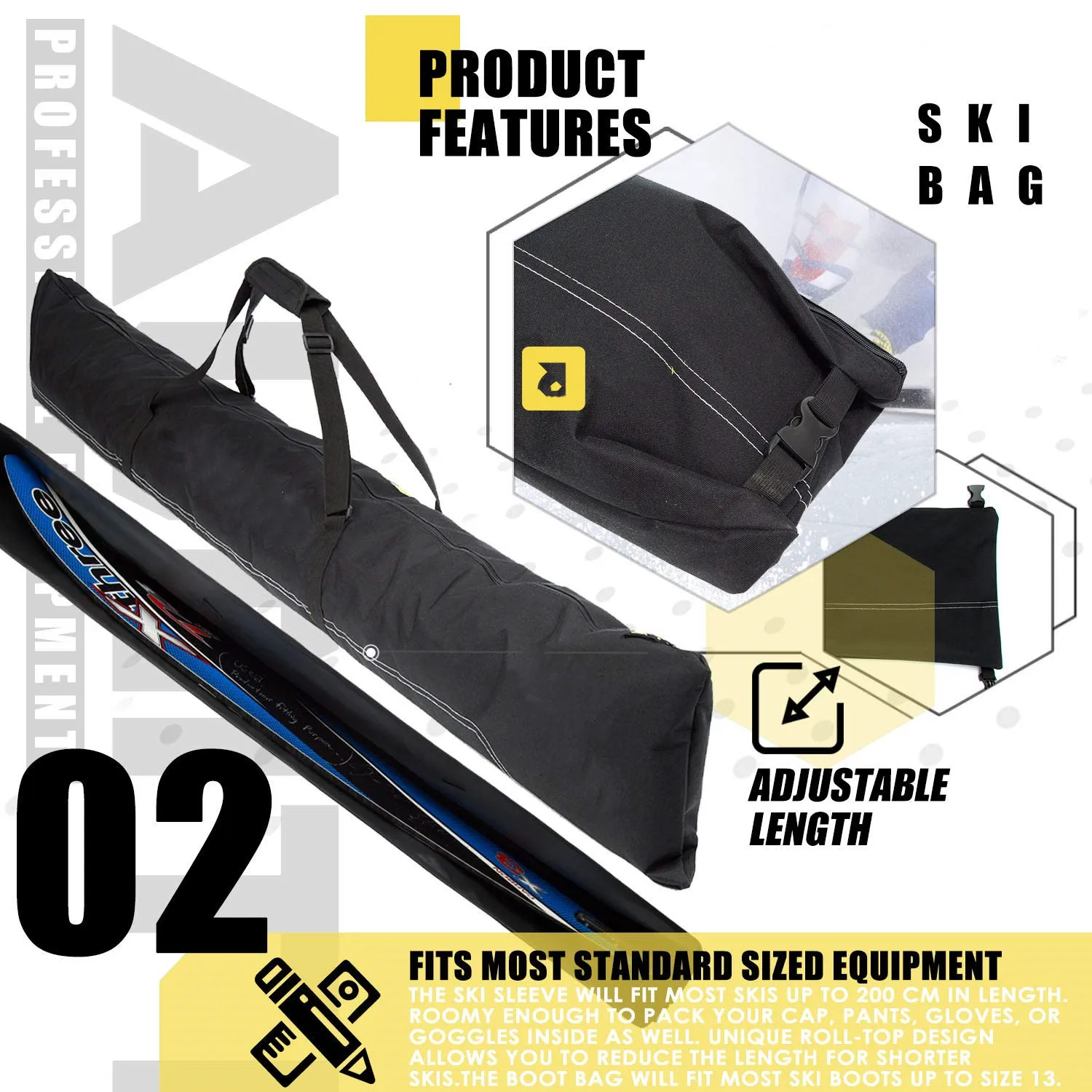 
Black Ski bag and Ski Boot bag Skis Up to 200 cm and Boots Up to Size 13 