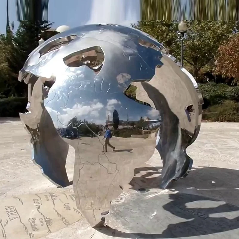 Modern Outdoor Stainless Steel Globe Map Art Sculpture Mirror Polished Metal Design