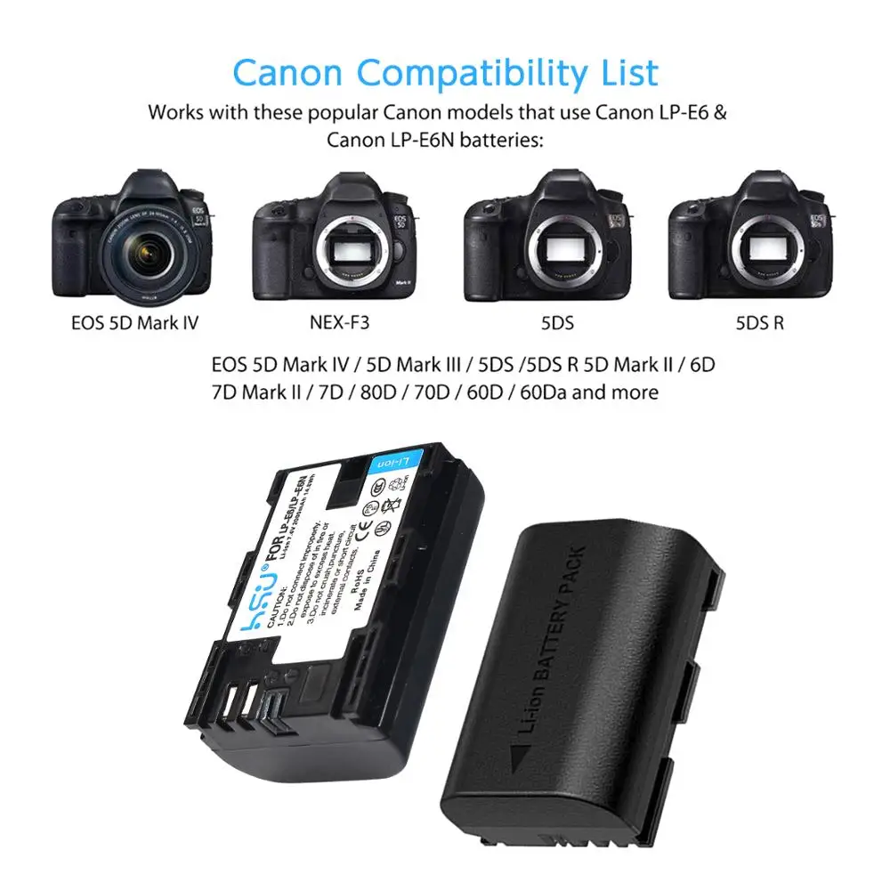 
HSU 2000 mAh Best Third Party Dual Battery Charger Pack LP-E6 LPE6 LP E6 LP-E6N forCanon 70D 5DII 5D2 5D3 7D 6D 60D 