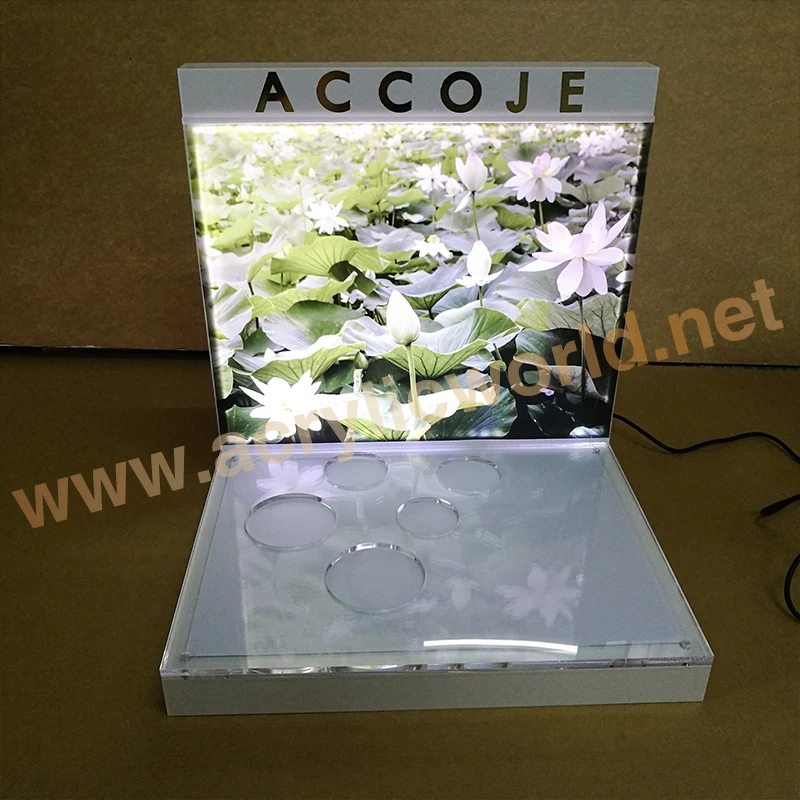 Retail Counter Acrylic Cosmetics Display Stand/Acrylic Cosmetics Display with LED Light