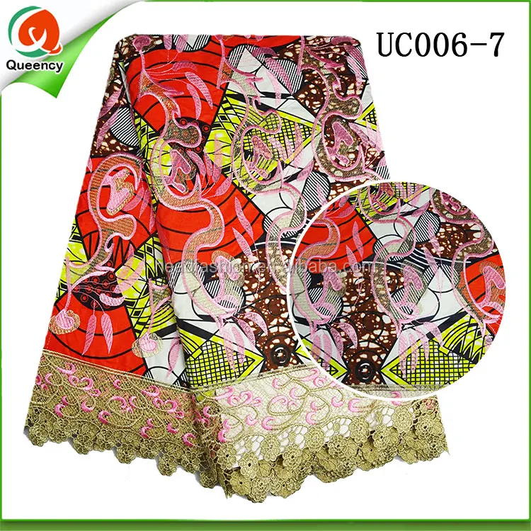 Queency 100% Cotton African Wax Print Fabric With embroidered fabrics guipure lace in blue