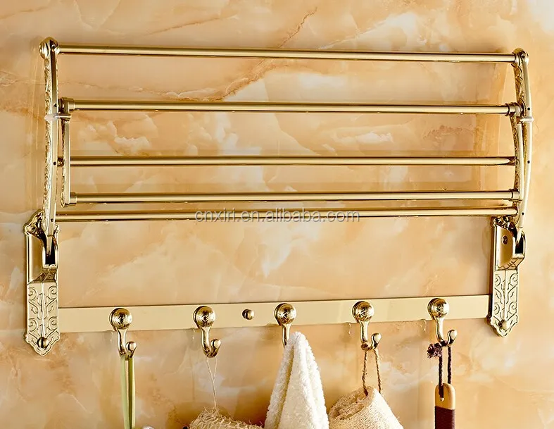 Brass gold plating bathroom folding towel racks with hooks