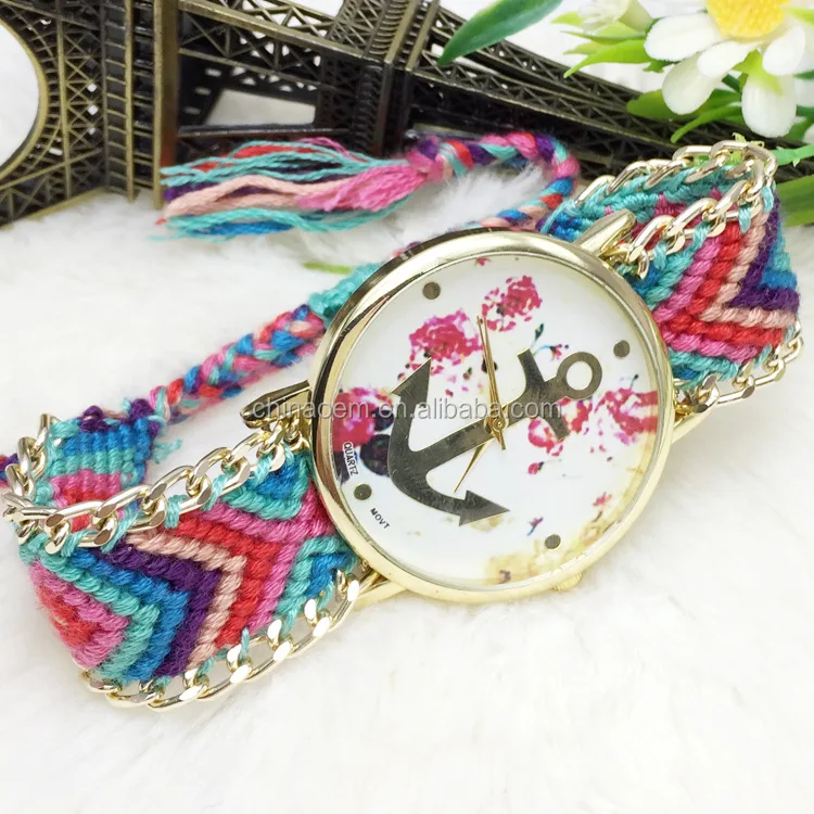 New Brand Anchor Rose Dial Gold Dress Watches Handmade Braided Friendship Bracelet Watch Women Hand Woven Wristwatch