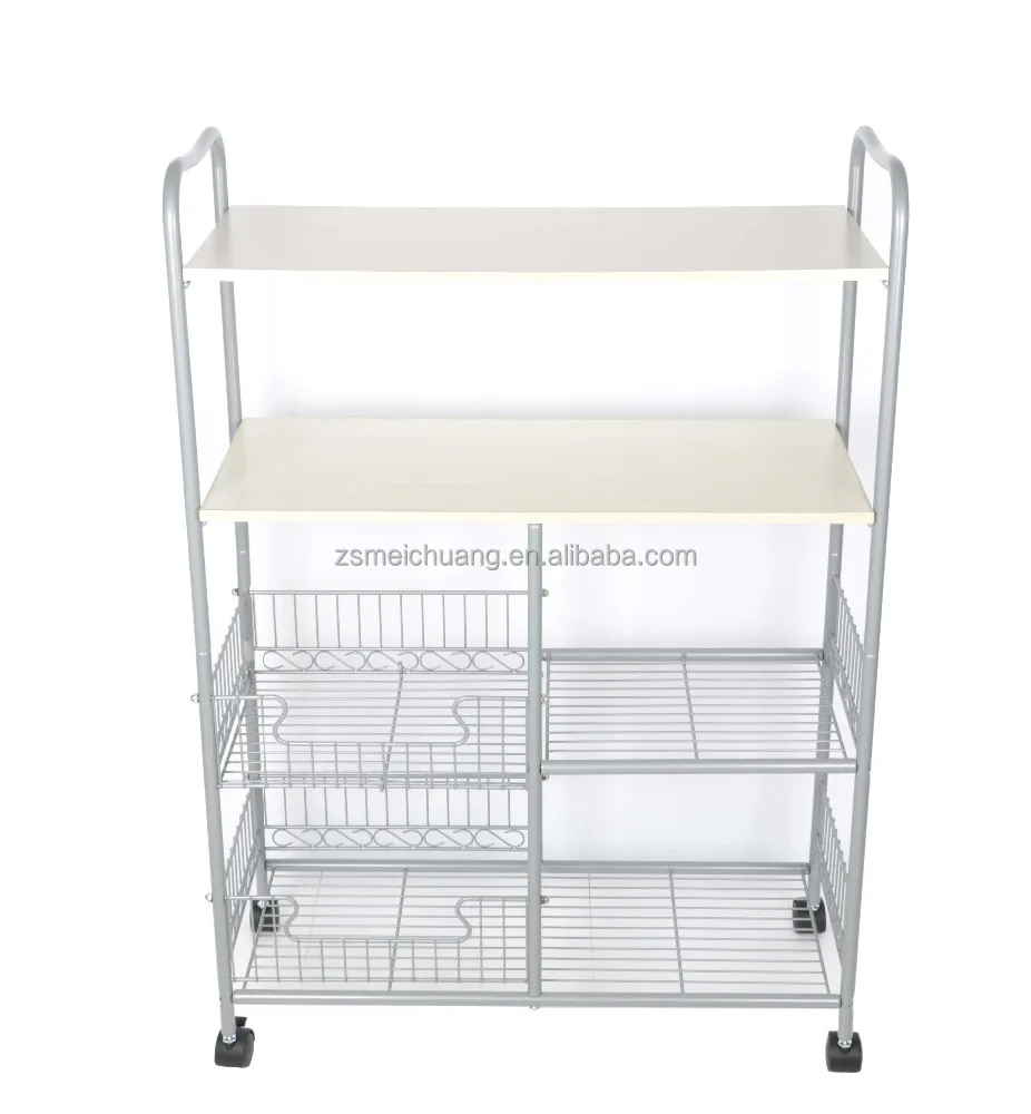 4 Tier Portable Rolling Wire Shelf Wood Top Kitchen Storage Trolley