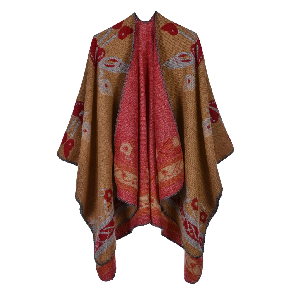Wholesale 2020 new arrival custom acrylic ponchos cape women stylish red floral knitted oversized loop mexican poncho