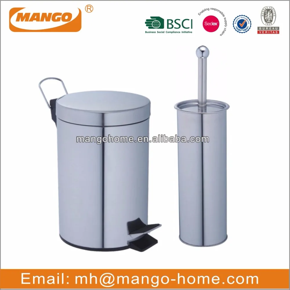 Stainless Steel Foot Pedal Trash Can and Toilet Brush Set