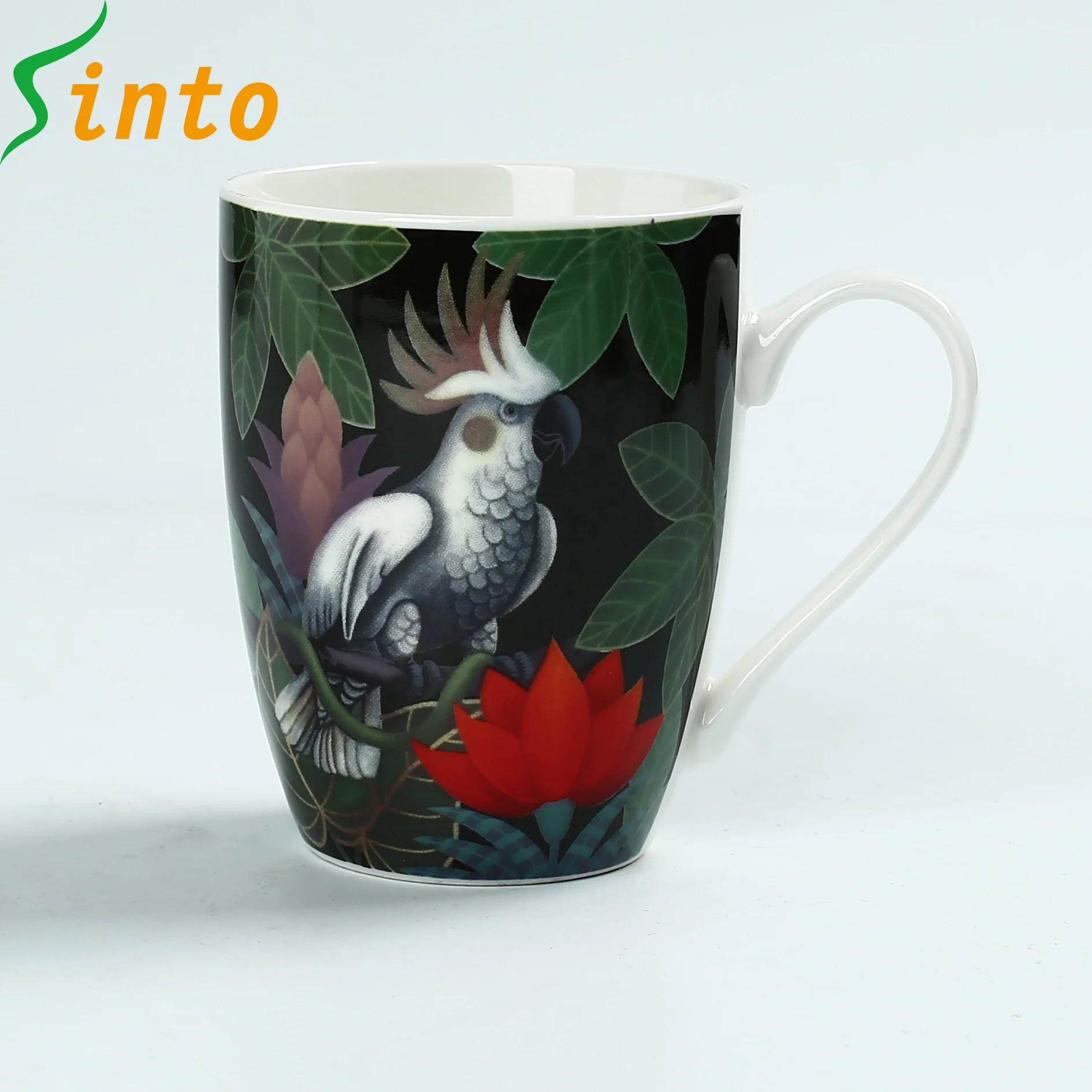 12 OZ 2018 Newly designed parrot and floral printing porcelain mug