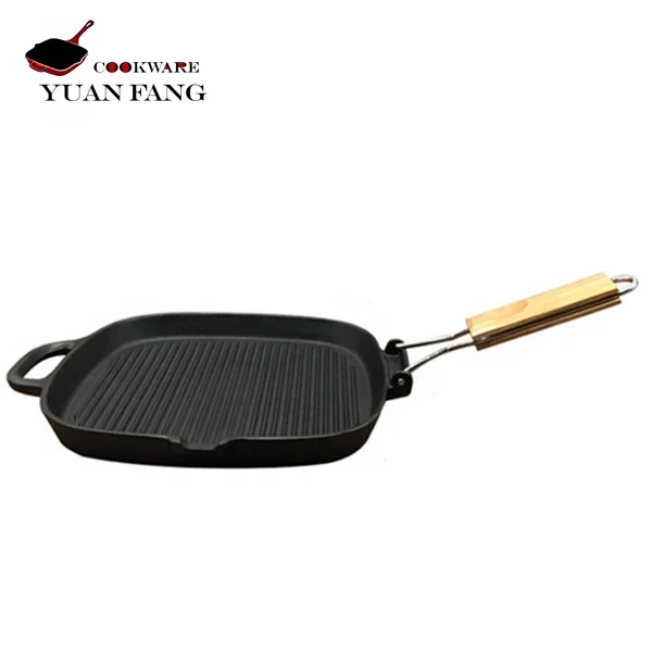 Wholesale Square 27CM Nonstick Cast Iron Non Stick Cooking Steak Frying Pan Skillet with Wooden Folding Handle