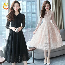 Lace hook flower openwork dress lady small fragrance in the long section autumn and winter long sleeves slim temperament skirt