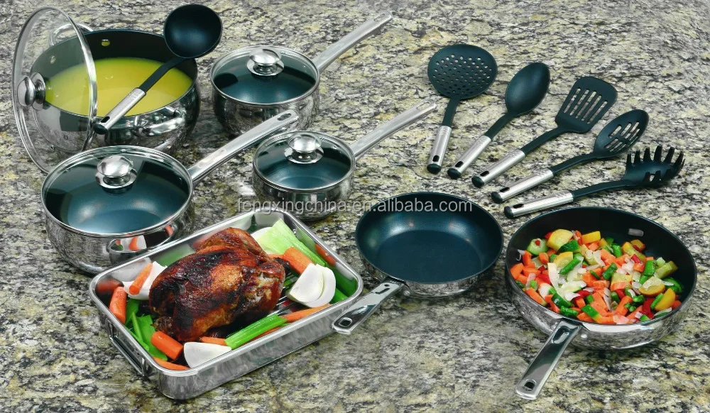 18pcs Stainless Steel non stick belly shaped Cookware Set saucepan casserole pan utensils