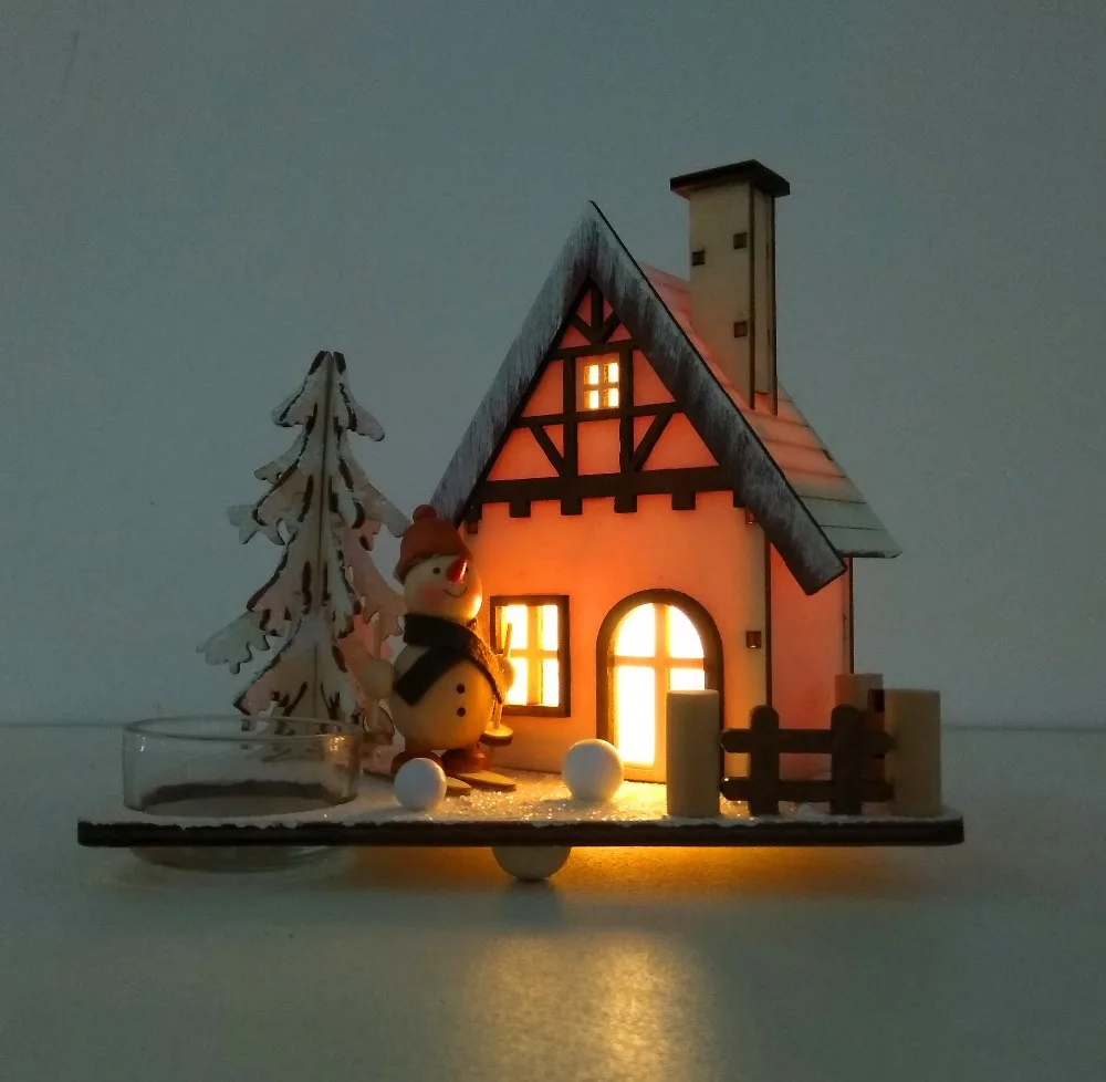 Wooden ski snowman German Christmas incense smoker village house with led light for one tea candle