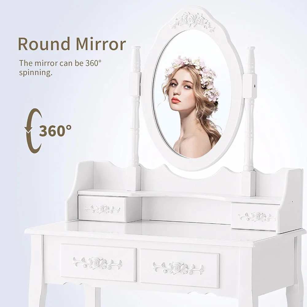 Luxury White Dressing Table With Mirror and Stool, vanity table Set 4 Drawers Bedroom Dresser