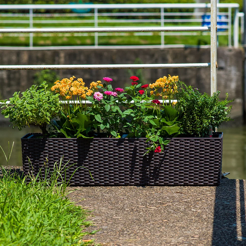 Wholesale self watering fancy white railing balcony plastic rattan plastic herb long flower pot window box rectangular planter