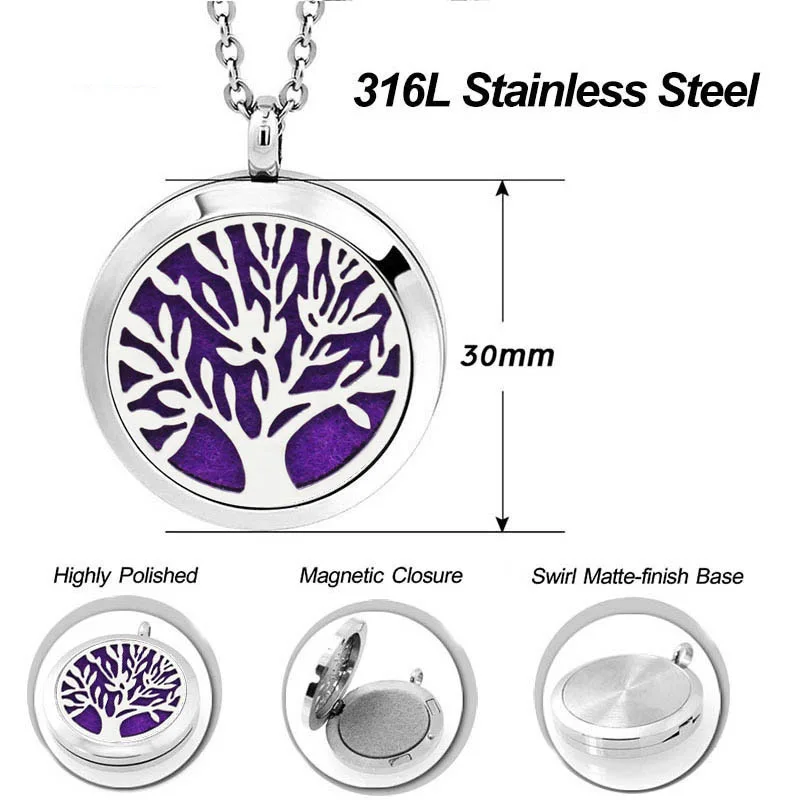 
Wholesale 30mm Stainless Steel Aromatherapy Essential Oil Diffuser Necklace tree of life oil diffuser necklace 