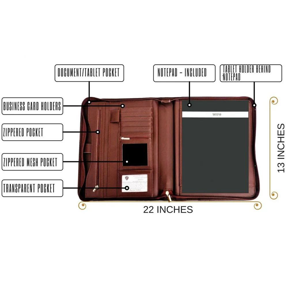 Customize A4 Stationery Portfolio 2017 Hot selling PU Leather Zipper Portfolio With Embossed Logo