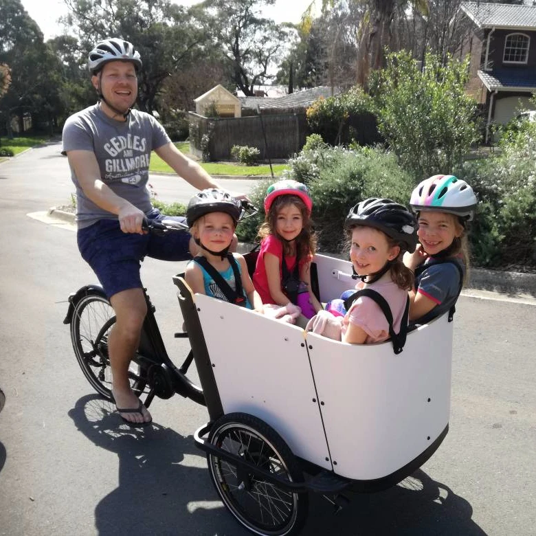 Denmark family electric cargo bike with wooden box for 4 Kids