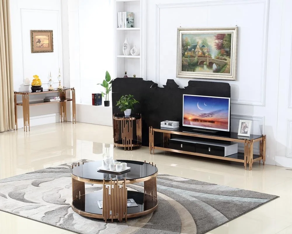 
2020 New Interior Design Modern Furniture Gold Brass Luxury Glass Top Stainless Steel Living Room Sets 