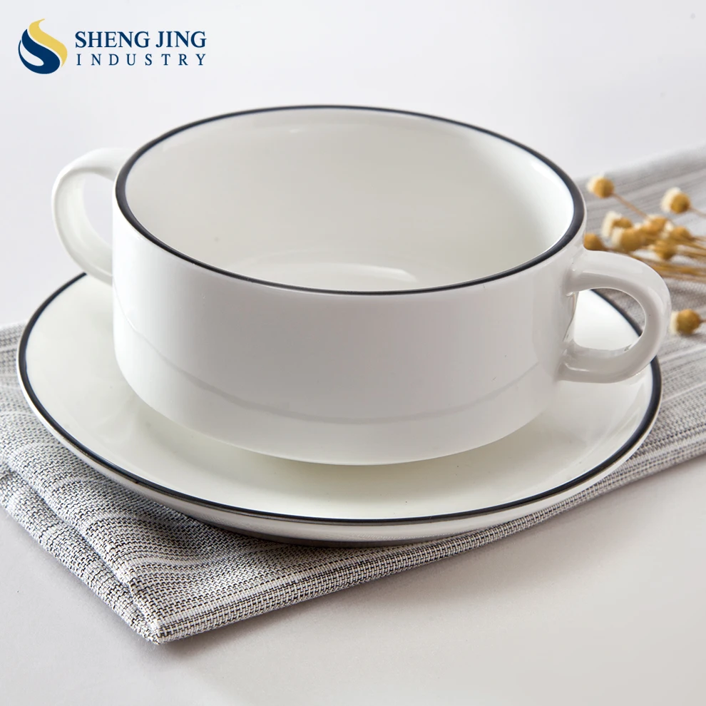 Portuguese Ceramic Dinnerware Serving Tray Soup Bowl with Handle